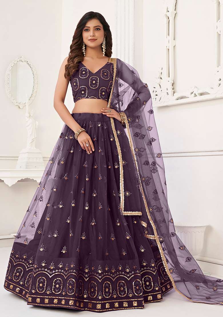 Wine Thread Embroidered Butterfly Net Lehenga Set for Diwali and Festive Wear - Indya