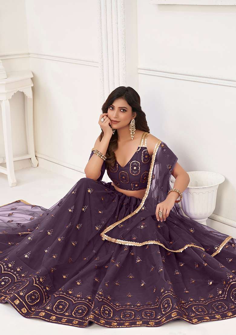 Wine Thread Embroidered Butterfly Net Lehenga Set for Diwali and Festive Wear - Indya