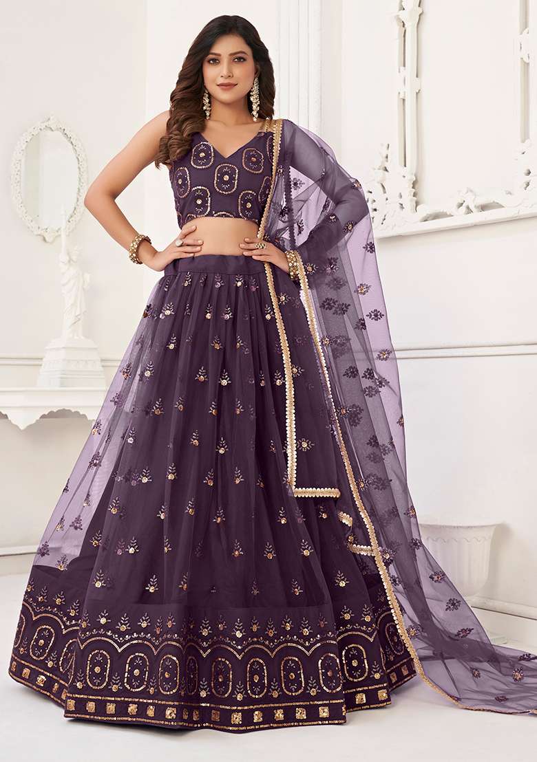 Wine Thread Embroidered Butterfly Net Lehenga Set for Diwali and Festive Wear - Indya