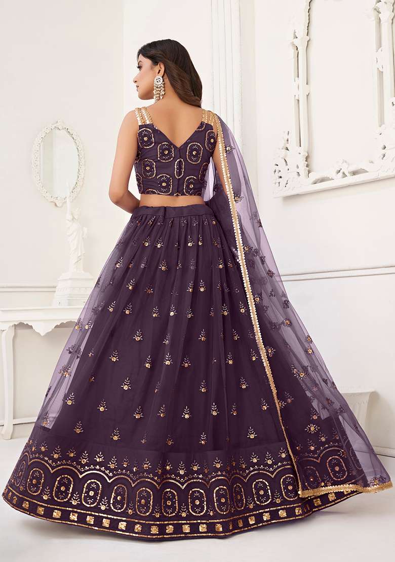 Wine Thread Embroidered Butterfly Net Lehenga Set for Diwali and Festive Wear - Indya