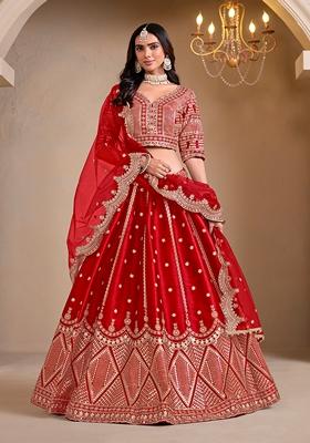 Red Embroidered Silk Lehenga Set With Dupatta