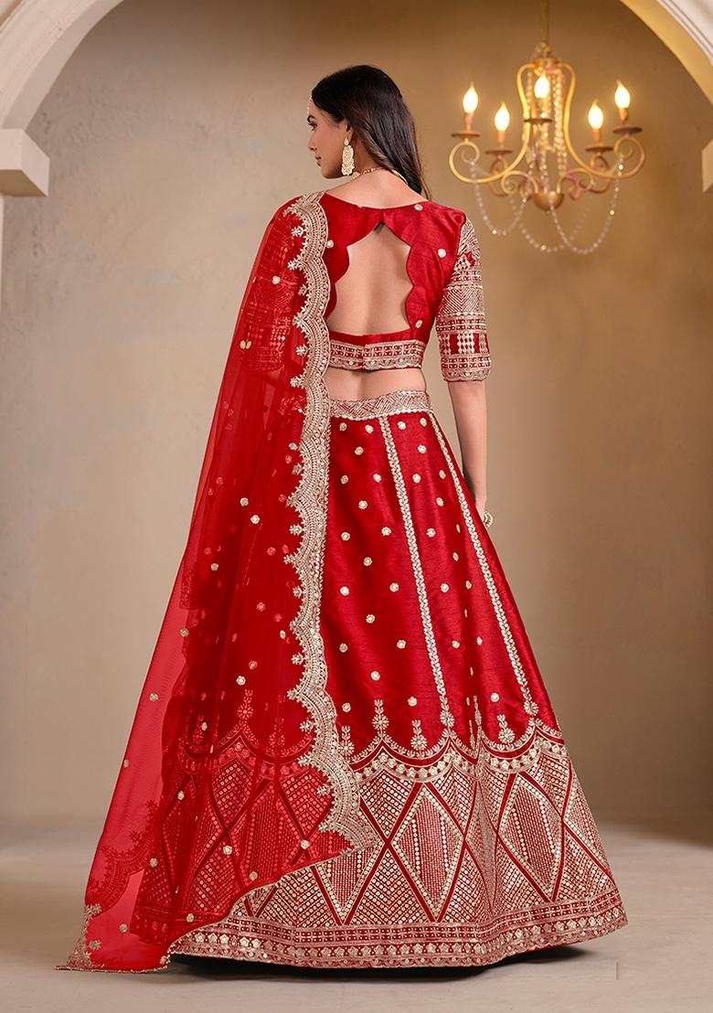 Red Embroidered Silk Lehenga Set With Dupatta - Indya