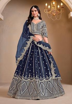 Blue Embroidered Silk Lehenga Set With Dupatta