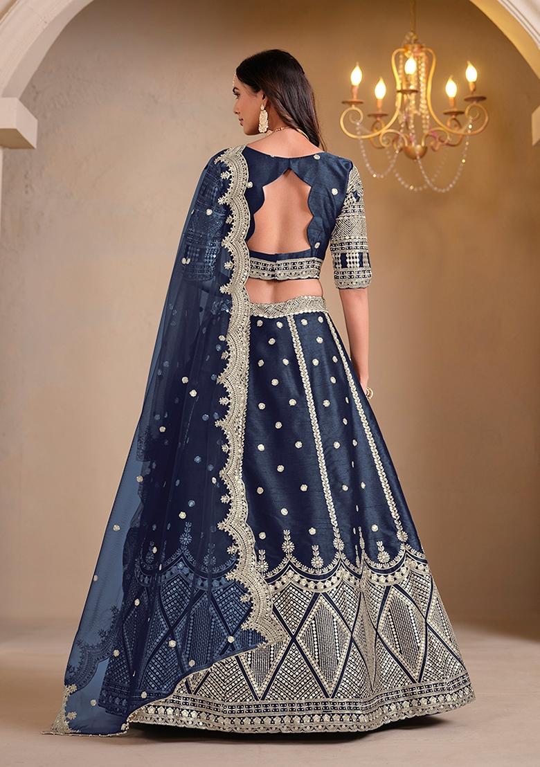 Blue Embroidered Silk Lehenga Set With Dupatta - Indya