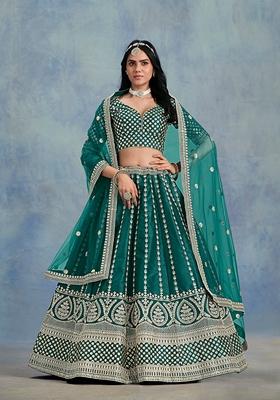 Blue Embroidered Silk Lehenga Set With Dupatta