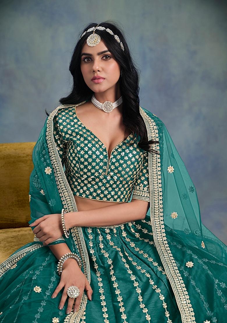 Blue Embroidered Silk Lehenga Set With Dupatta - Indya