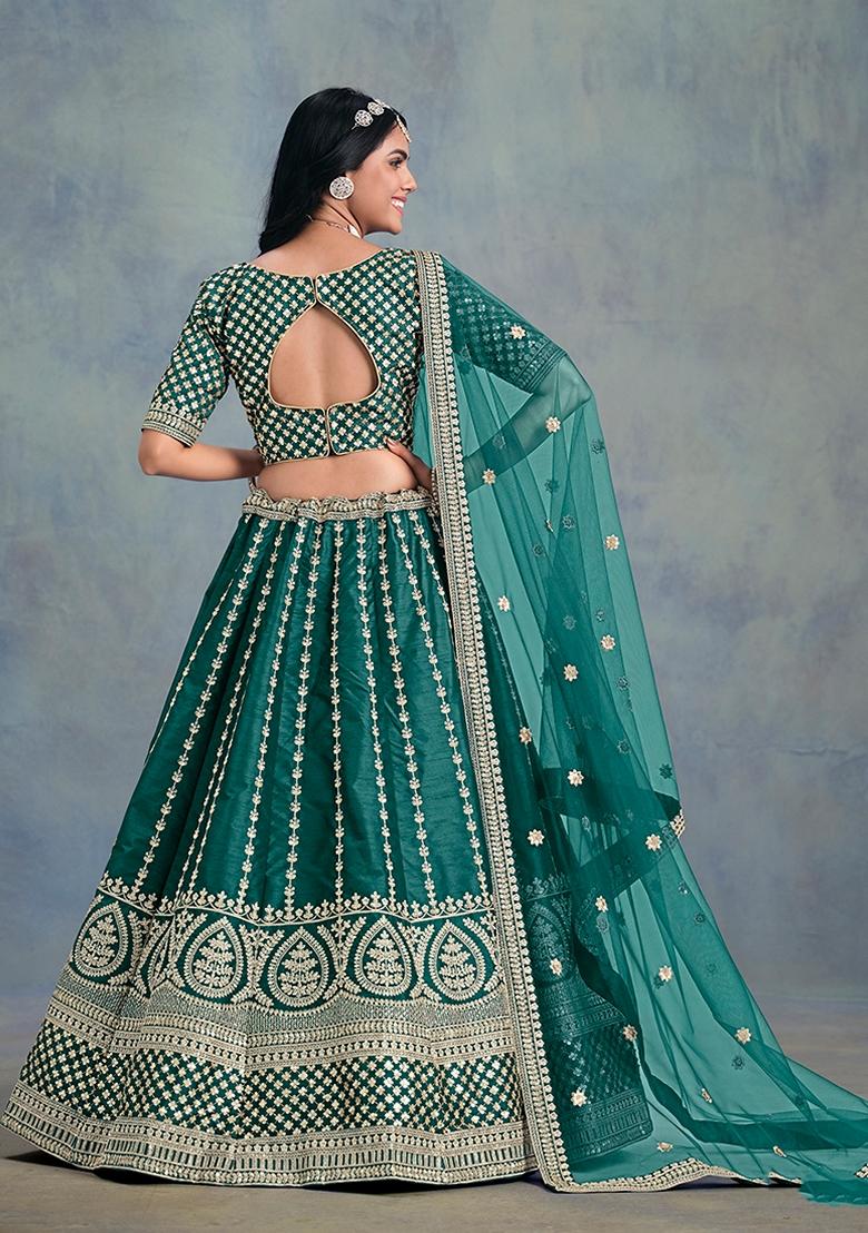 Blue Embroidered Silk Lehenga Set With Dupatta - Indya