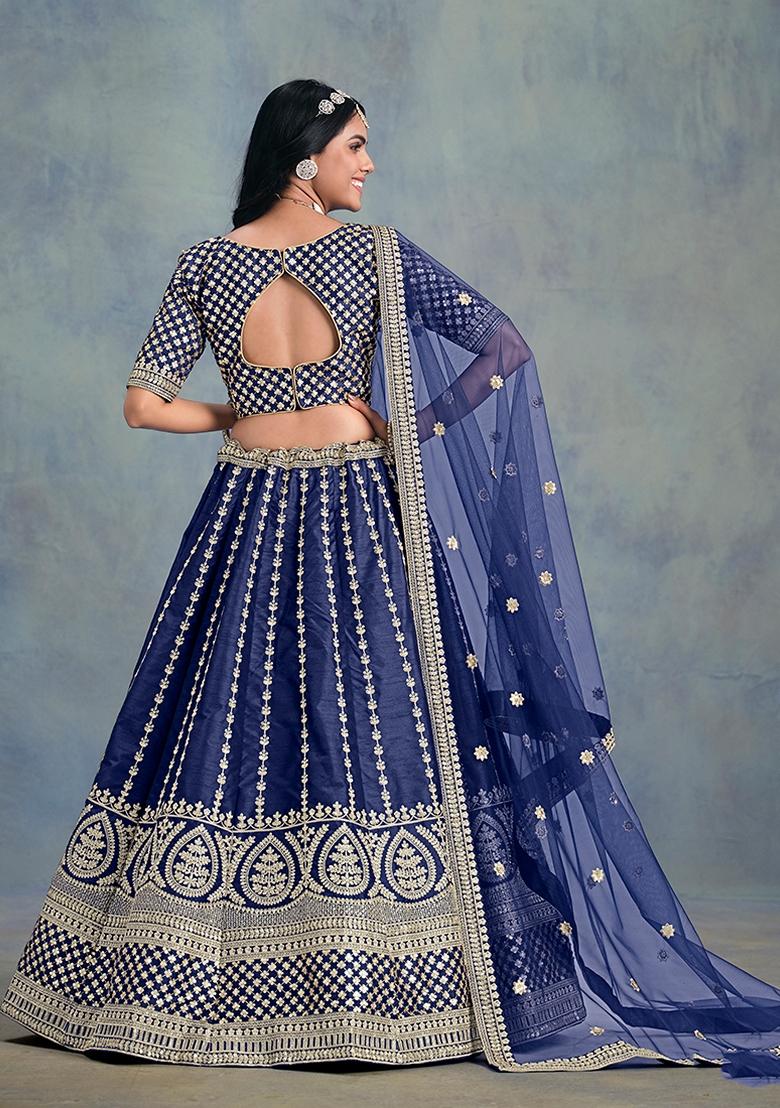 Blue Embroidered Silk Lehenga Set With Dupatta - Indya