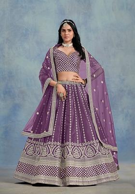 Purple Embroidered Silk Lehenga Set With Dupatta