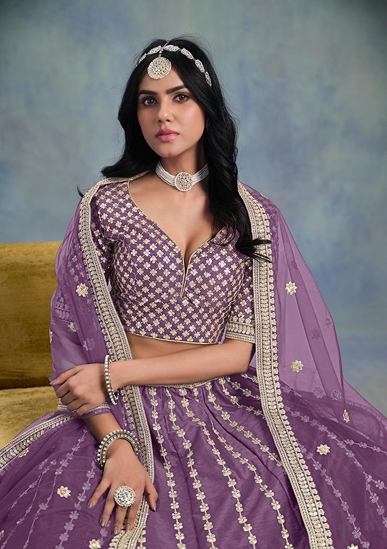 Purple Embroidered Silk Lehenga Set With Dupatta - Indya