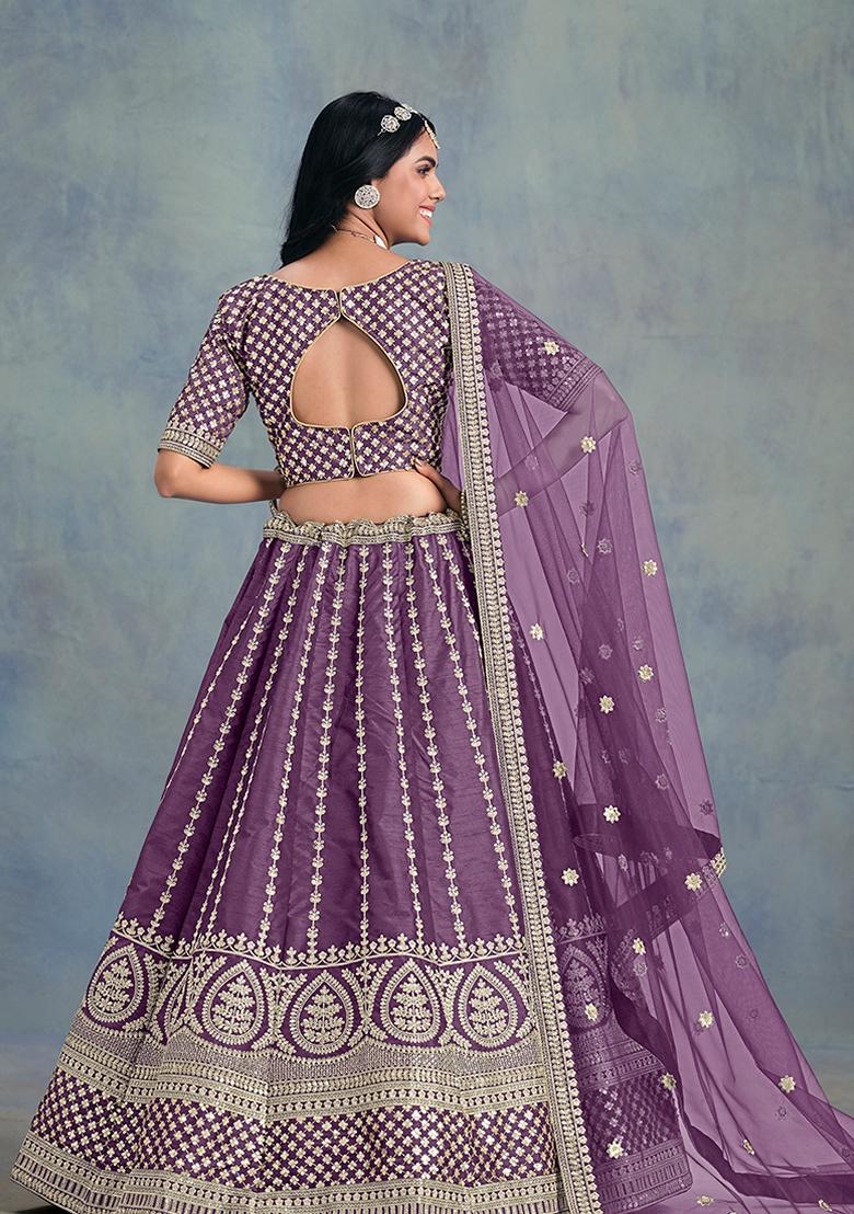 Purple Embroidered Silk Lehenga Set With Dupatta - Indya