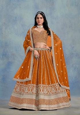 Orange Embroidered Silk Lehenga Set With Dupatta