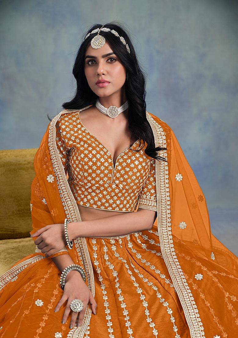 Orange Embroidered Silk Lehenga Set With Dupatta - Indya