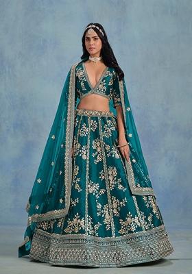 Blue Embroidered Silk Lehenga Set With Dupatta