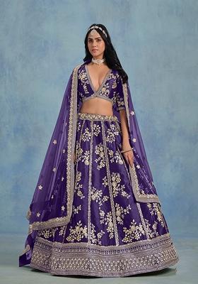 Purple Embroidered Silk Lehenga Set With Dupatta