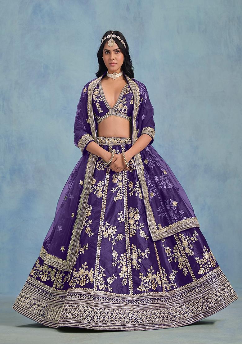 Purple Embroidered Silk Lehenga Set With Dupatta - Indya