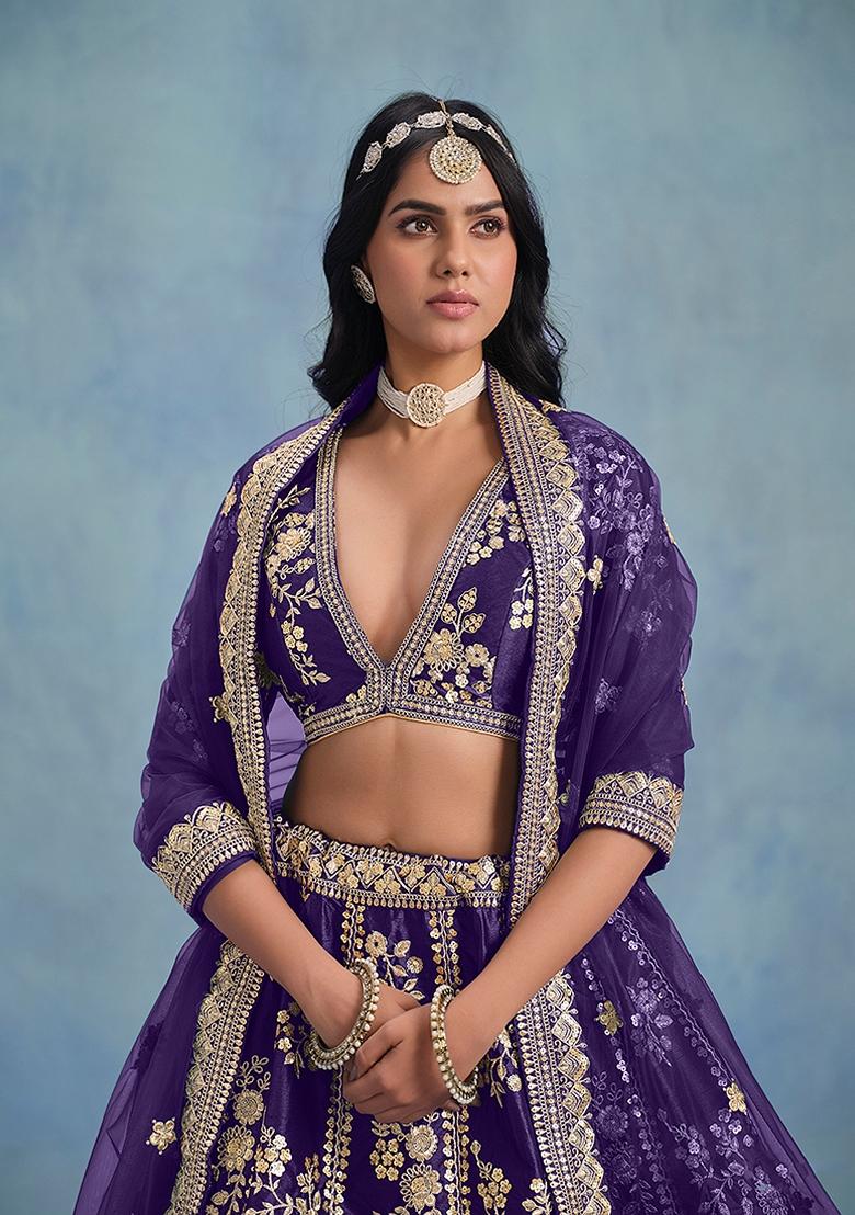 Purple Embroidered Silk Lehenga Set With Dupatta - Indya