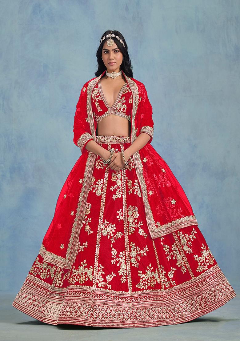 Red Embroidered Silk Lehenga Set With Dupatta - Indya