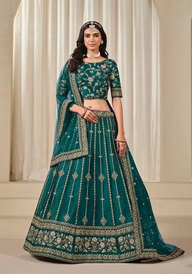 Blue Embroidered Silk Lehenga Set With Dupatta