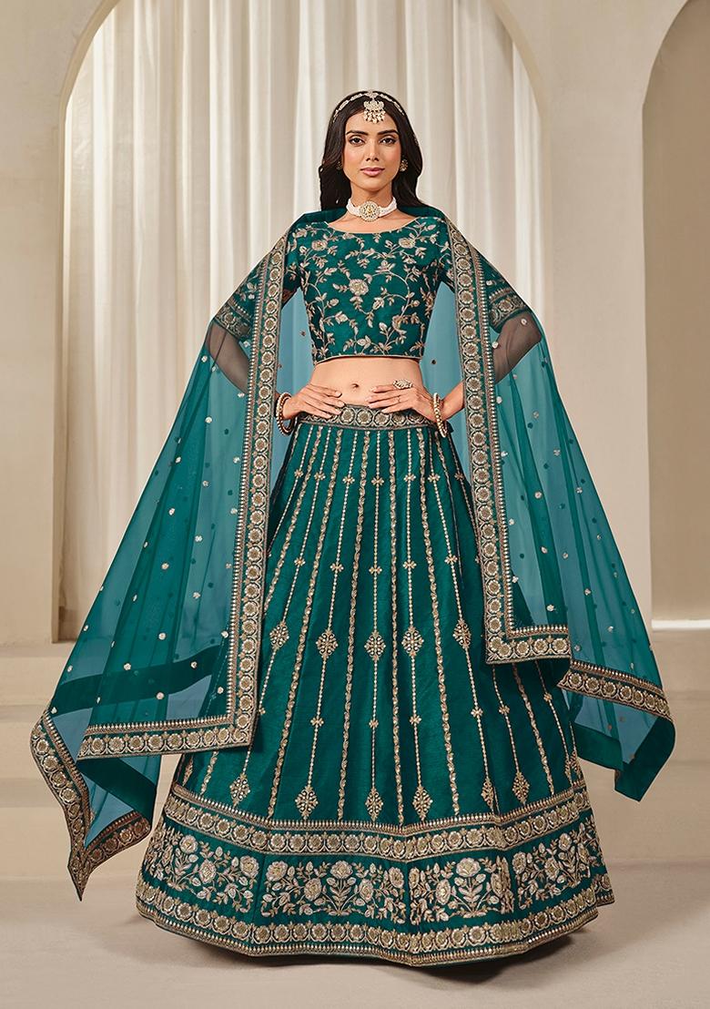 Blue Embroidered Silk Lehenga Set With Dupatta - Indya