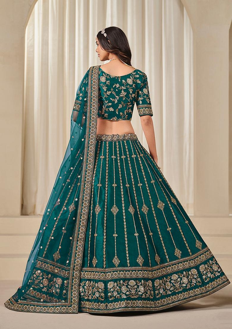Blue Embroidered Silk Lehenga Set With Dupatta - Indya