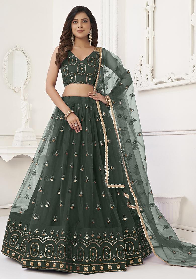 Green Thread Embroidered Butterfly Net Lehenga Set