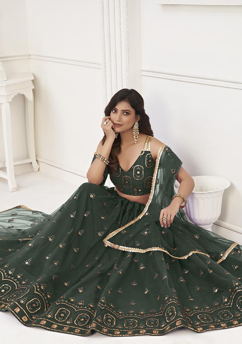 Green Thread Embroidered Butterfly Net Lehenga Set