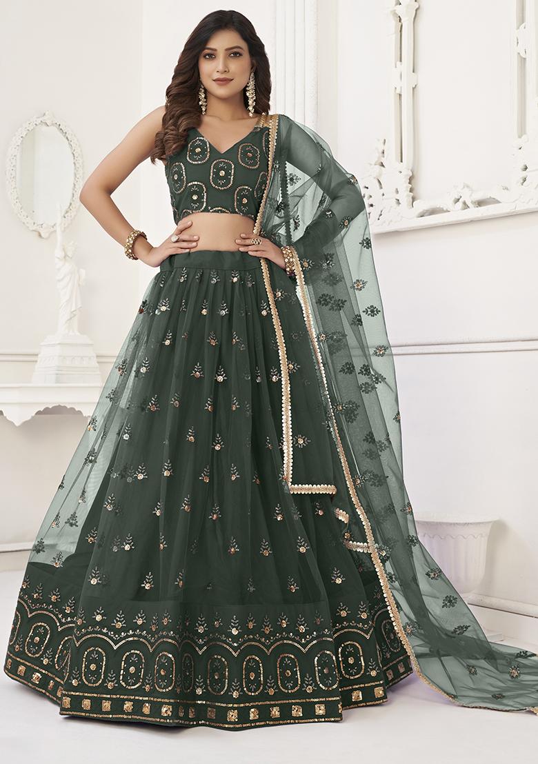 Green Thread Embroidered Butterfly Net Lehenga Set