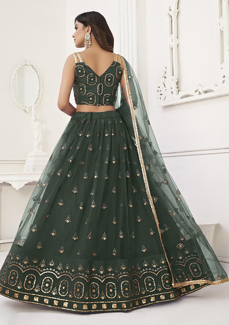 Green Thread Embroidered Butterfly Net Lehenga Set