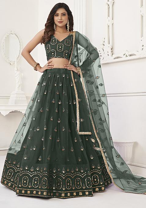 Green Thread Embroidered Butterfly Net Lehenga Set