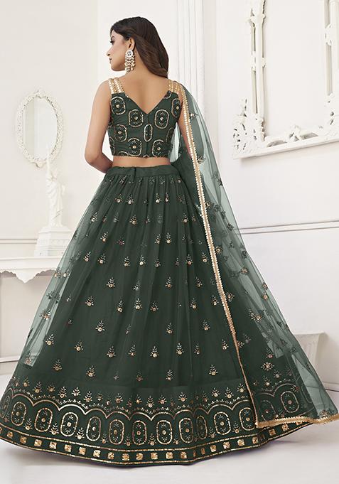 Green Thread Embroidered Butterfly Net Lehenga Set