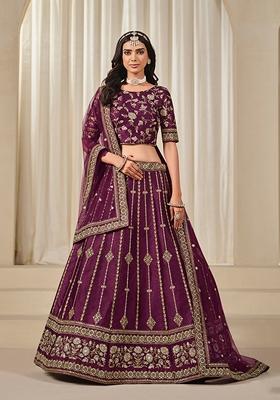 Maroon Embroidered Silk Lehenga Set With Dupatta