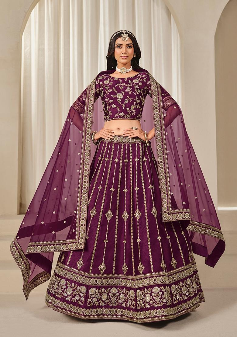 Maroon Embroidered Silk Lehenga Set With Dupatta - Indya