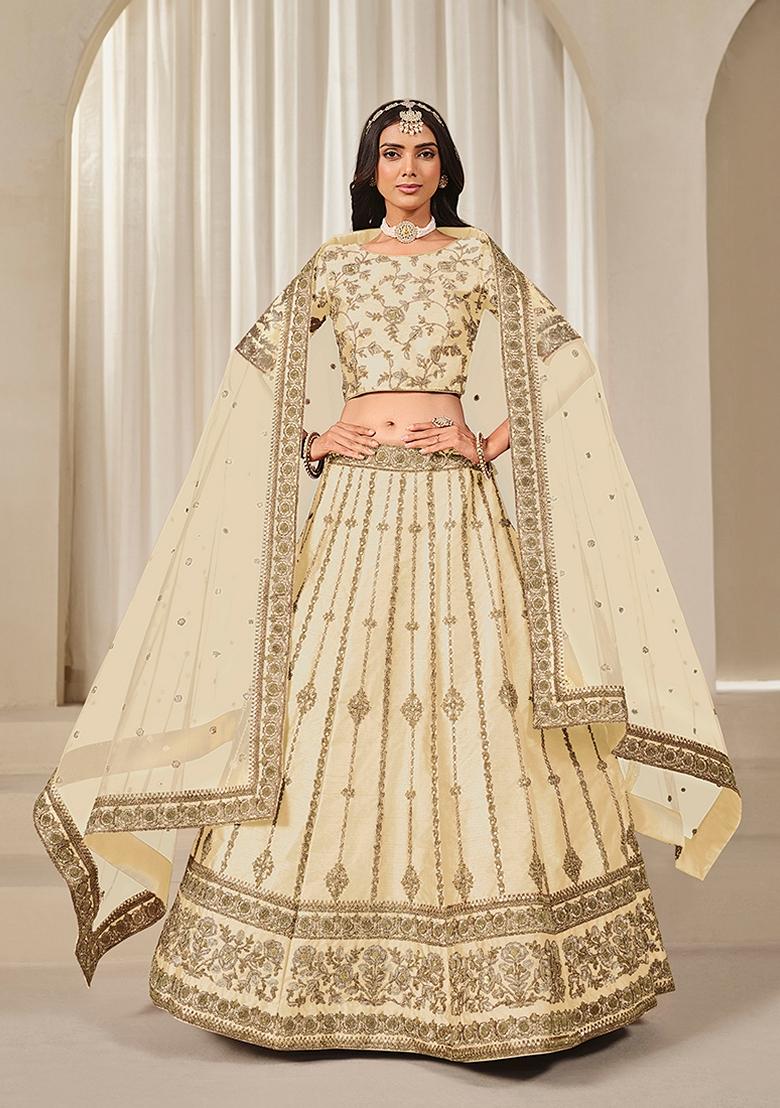 White Embroidered Silk Lehenga Set With Dupatta - Indya