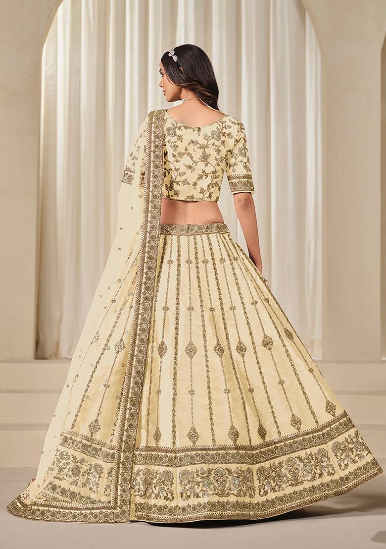 White Embroidered Silk Lehenga Set With Dupatta - Indya