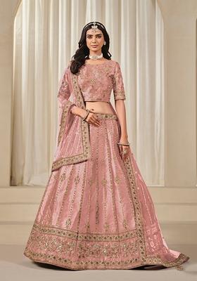 Pink Embroidered Silk Lehenga Set With Dupatta
