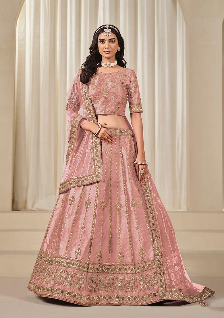Pink Embroidered Silk Lehenga Set With Dupatta - Indya