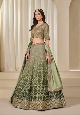 Olive Embroidered Silk Lehenga Set With Dupatta
