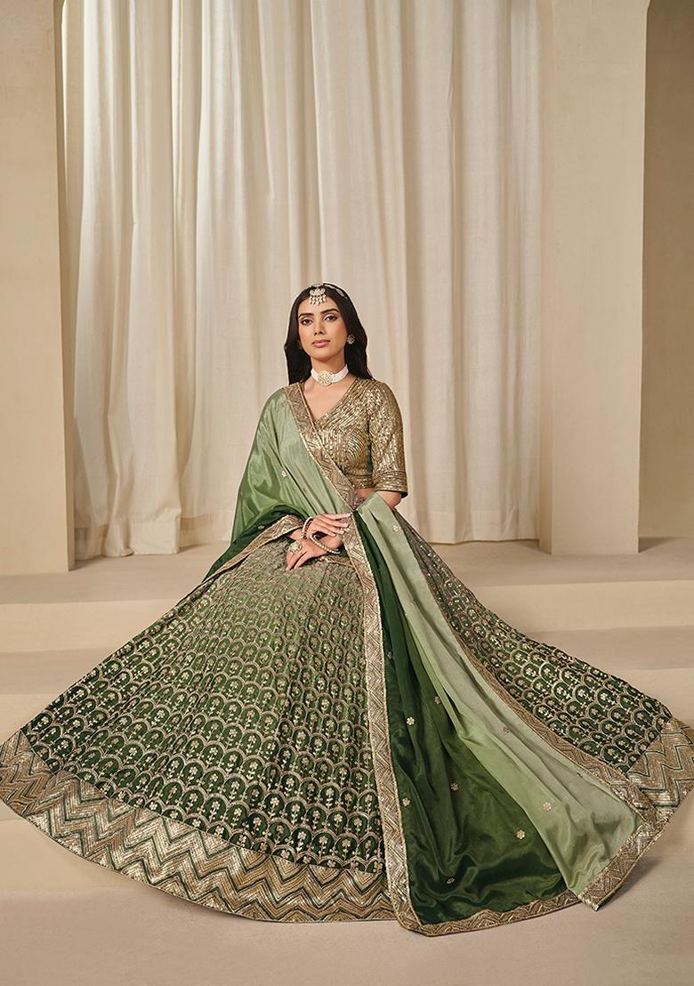 Olive Embroidered Silk Lehenga Set With Dupatta - Indya