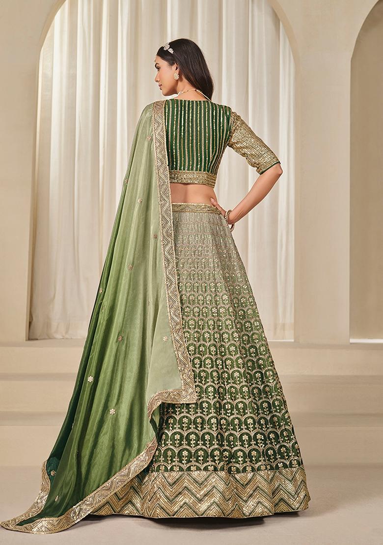 Olive Embroidered Silk Lehenga Set With Dupatta - Indya