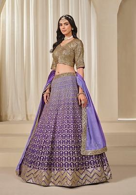 Purple Embroidered Silk Lehenga Set With Dupatta