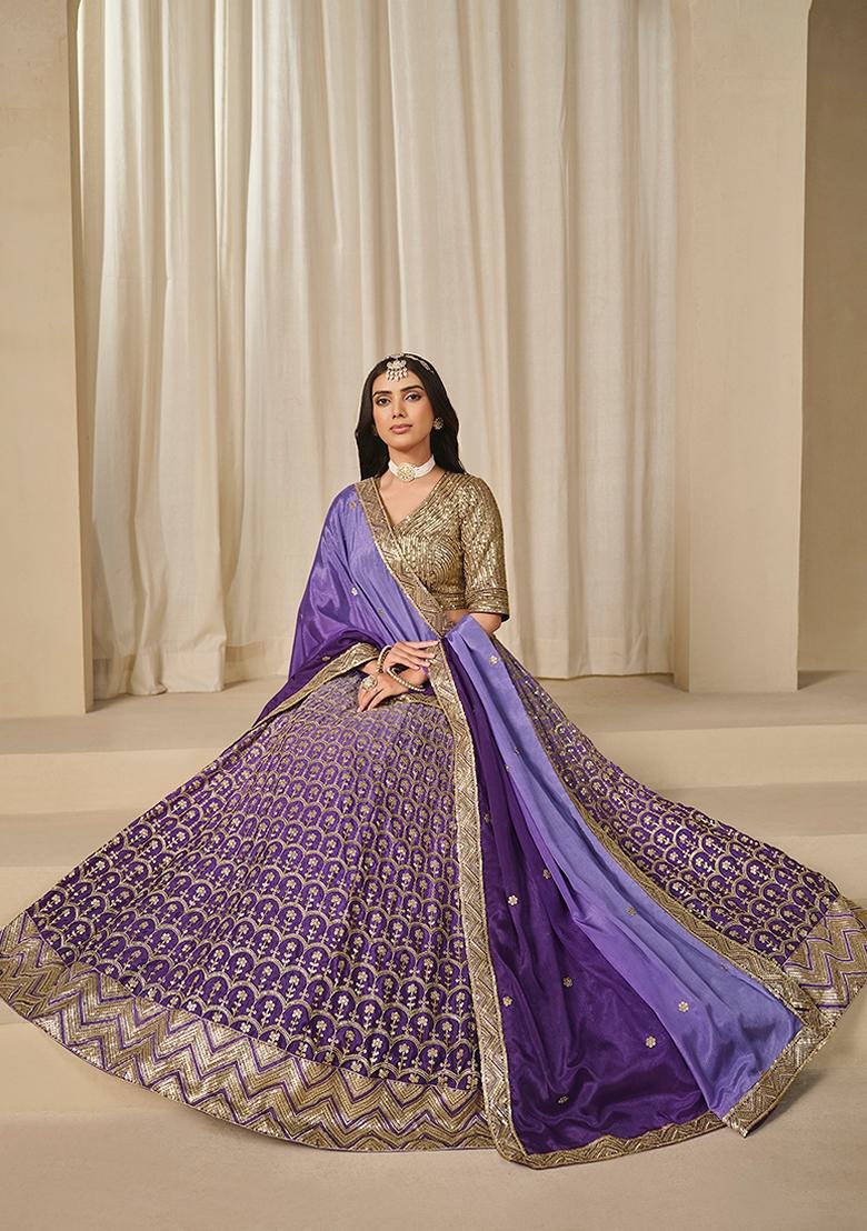 Purple Embroidered Silk Lehenga Set With Dupatta - Indya