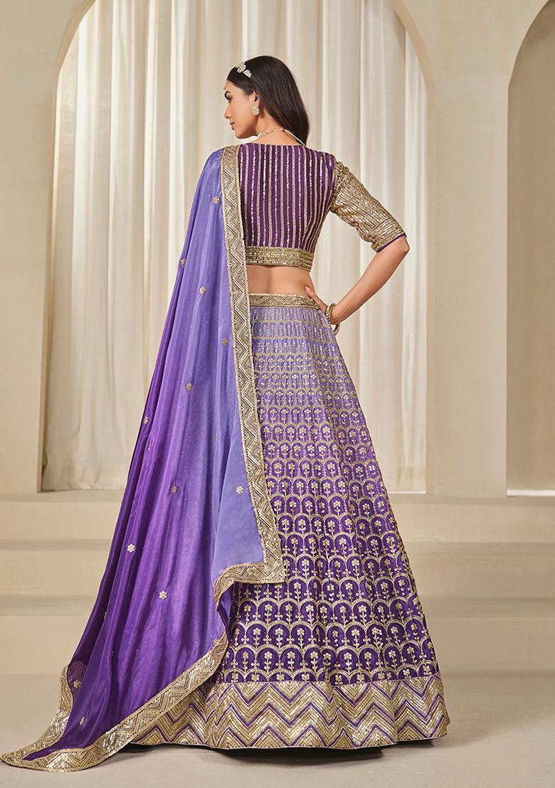Purple Embroidered Silk Lehenga Set With Dupatta - Indya