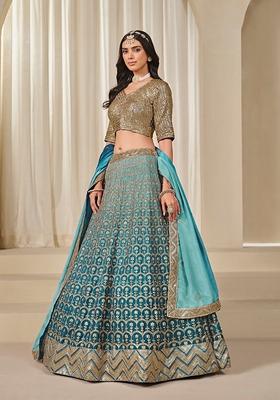 Blue Embroidered Silk Lehenga Set With Dupatta