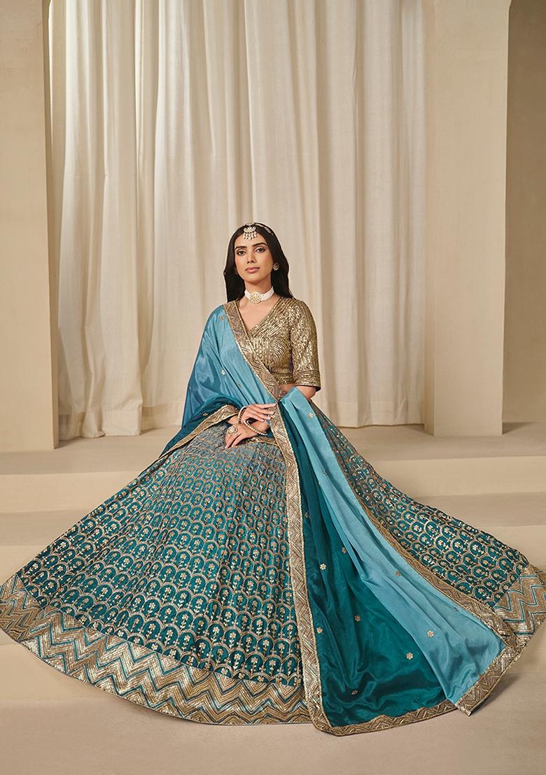 Blue Embroidered Silk Lehenga Set With Dupatta - Indya