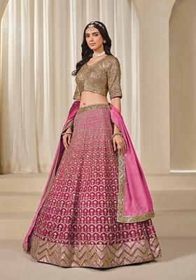 Pink Embroidered Silk Lehenga Set With Dupatta