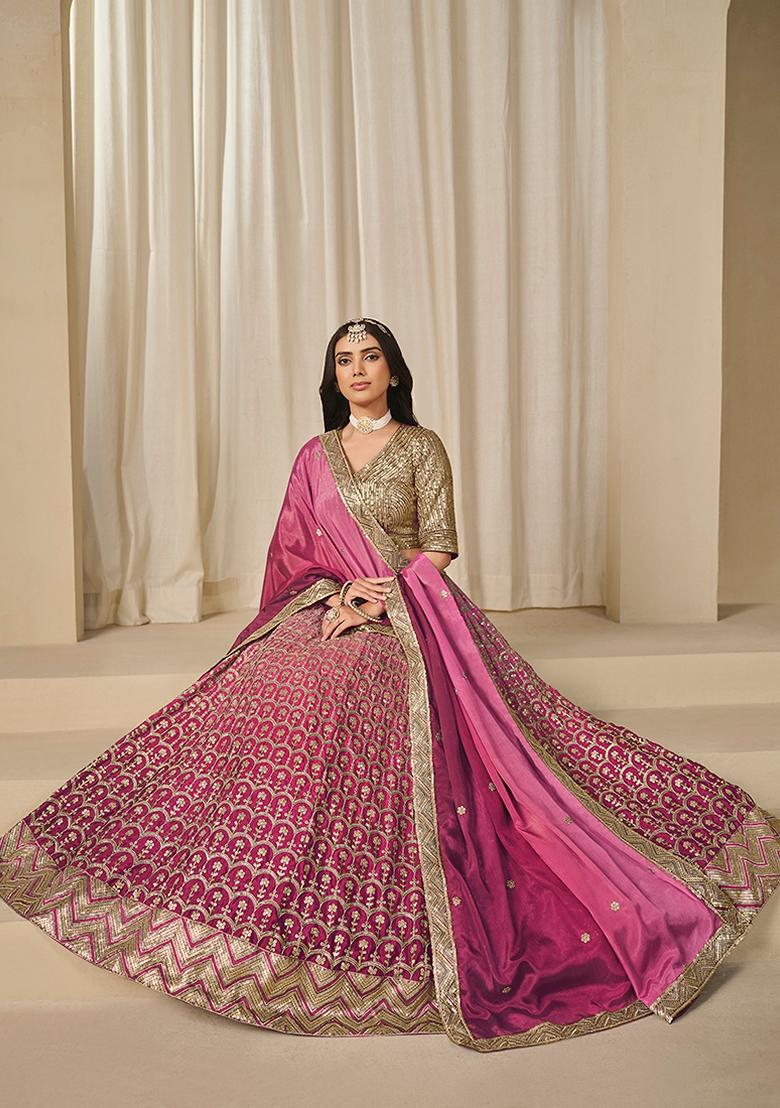 Pink Embroidered Silk Lehenga Set With Dupatta - Indya