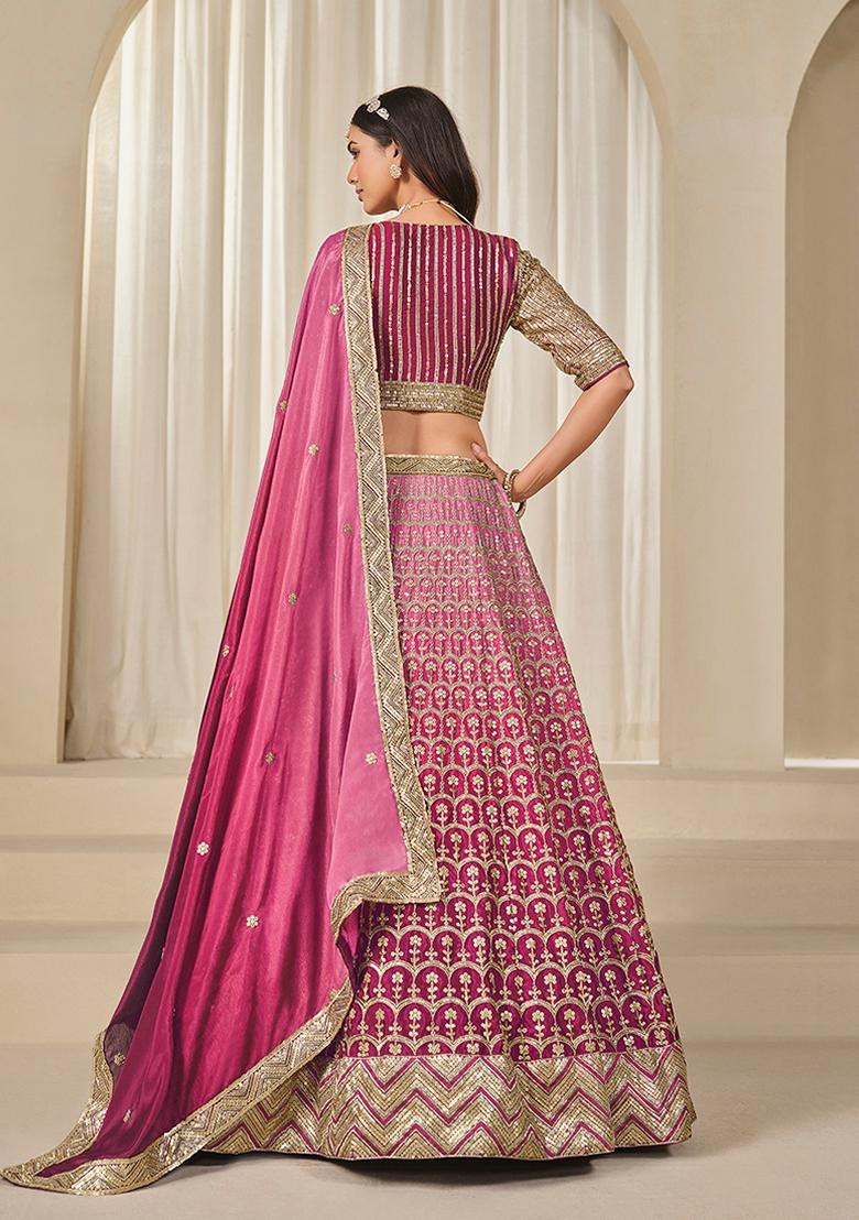 Pink Embroidered Silk Lehenga Set With Dupatta - Indya