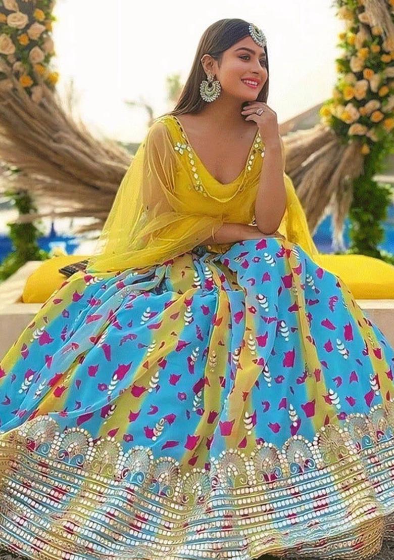 Multi Color Sequins Embroidery Work Georgette Lehenga Set - Indya