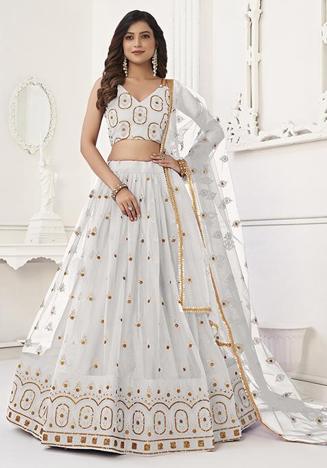 White Thread Embroidered Butterfly Net Lehenga Set